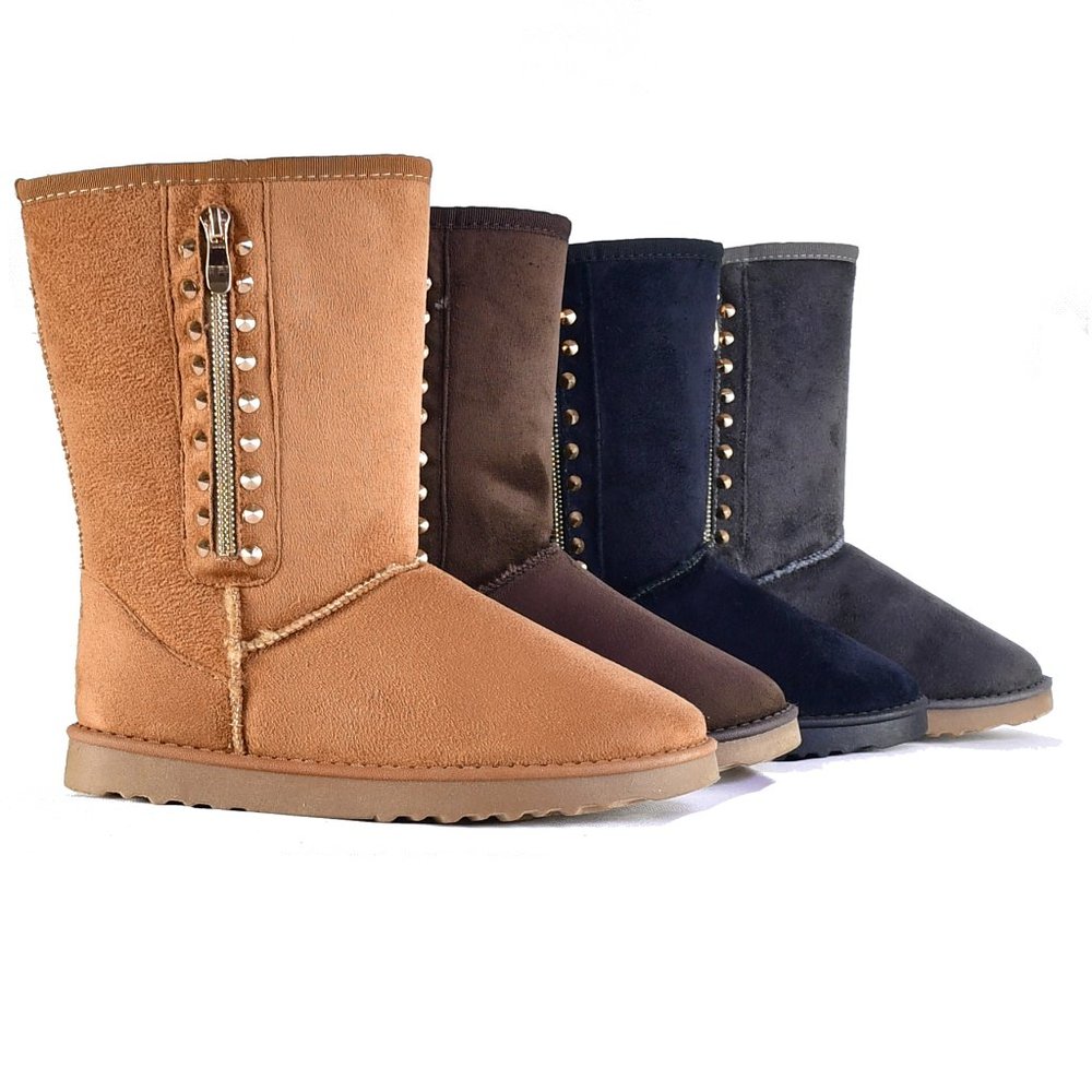 Womens Winter Mid Calf Faux Suede Flat Boots